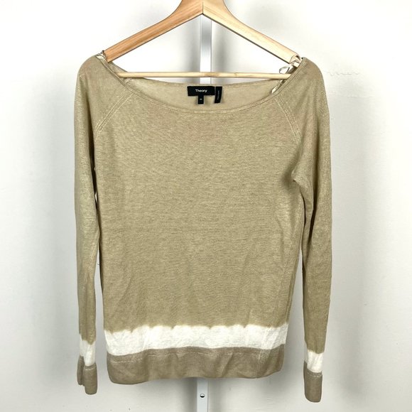 Theory Sweaters - Theory Ebliss D Sag Harbor Sweater Ballet Neck Knit Top Linen Blend Beige Tan M